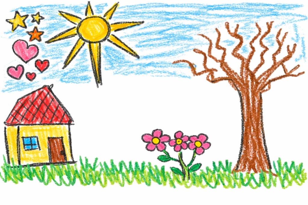 Kreslená ilustrácia domu, slnka, kvetov a stromu